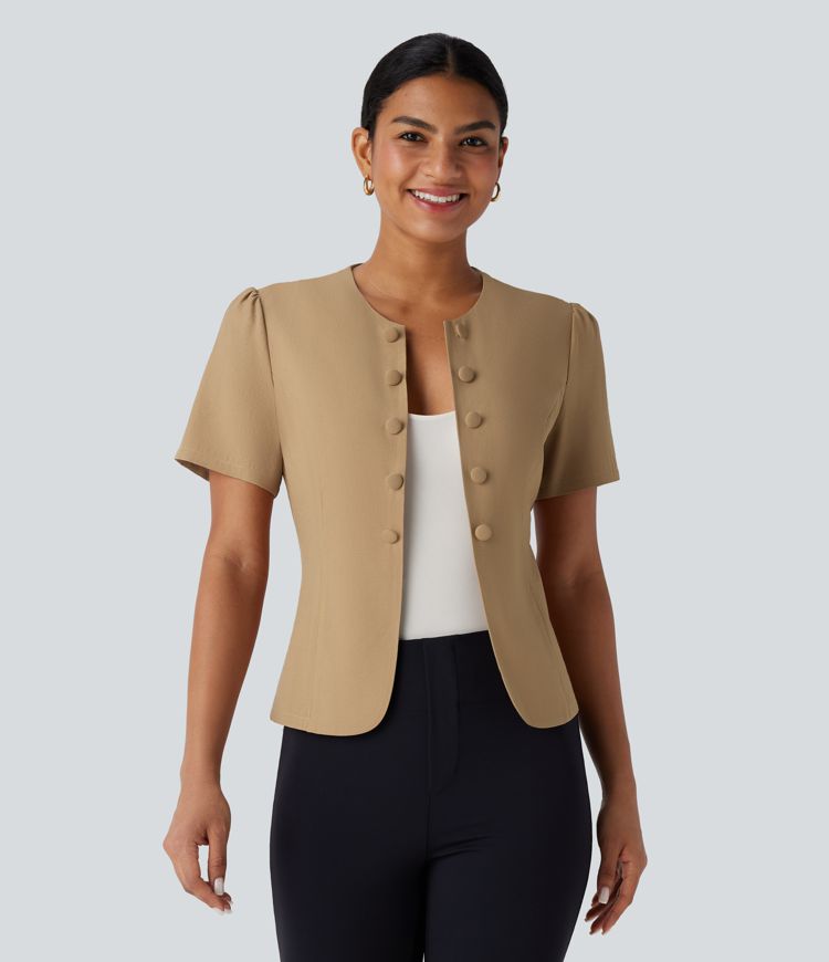 Veste de travail ajustée à col rond, manches courtes et boutons décoratifs