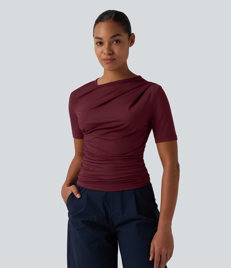 T-shirt décontracté asymétrique manches courtes froncé