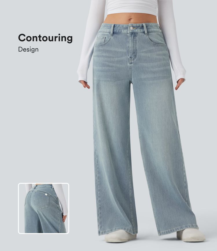 Jean large délavé Halara Flex™ taille mi-haute avec poches