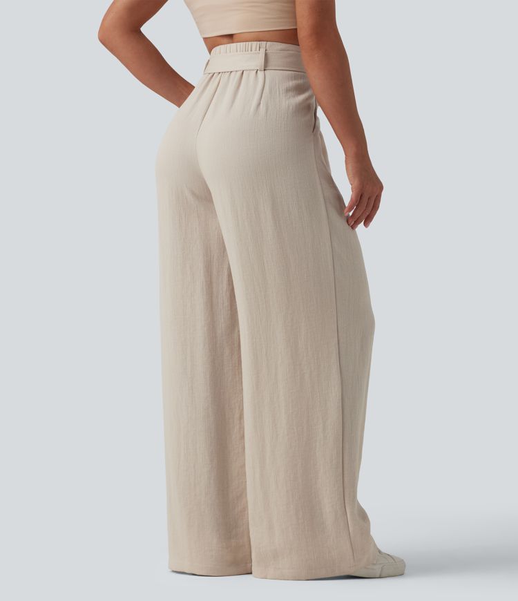 Pantalon casual ample taille haute aspect lin avec ceinture et poches